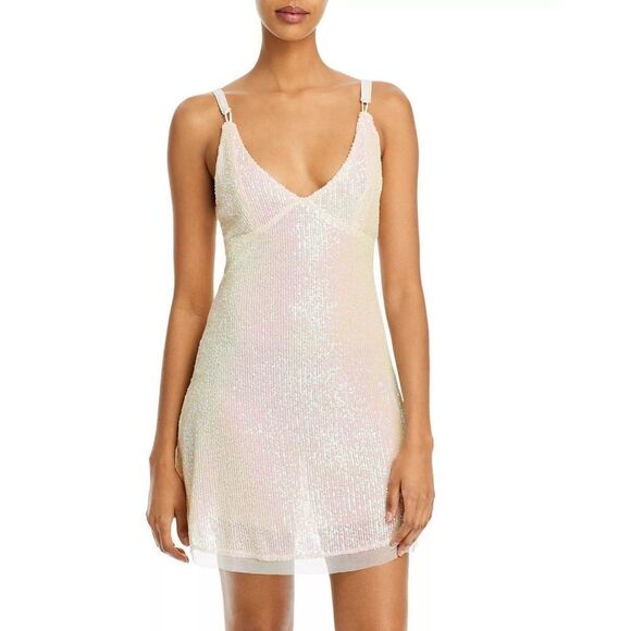 New! FREE PEOPLE Gold Rush Mini Slip Sequin Dress Icicle Pearl Combo V-neck MED - Picture 7 of 10